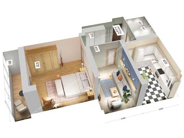 3d-макет 2-комнатной квартиры 61,43 кв.м