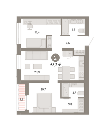 Планировка 2-комн 63,18 м²