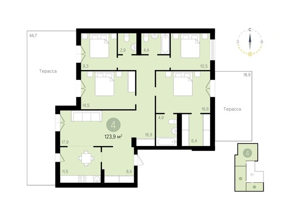 Планировка 4-комнатной квартиры 123,9 кв.м