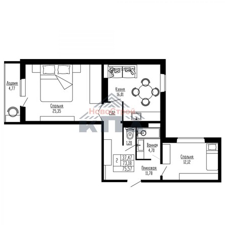 Планировка 2-комн 75,57, 75,83 м²