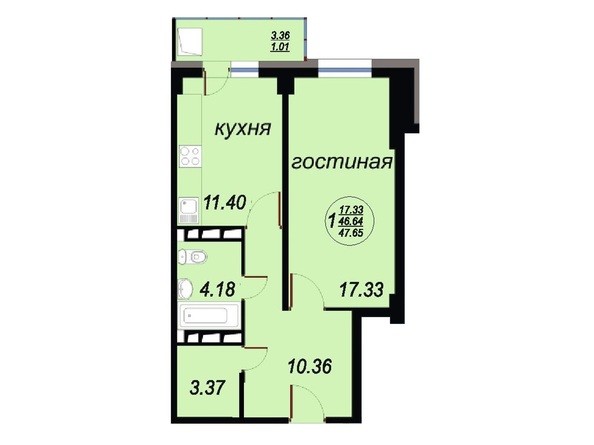 Планировка однокомнатной квартиры 47,65 кв.м