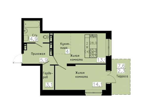 Планировка 2-комн 48,2 м²