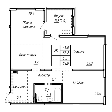 Планировка 3-комн 66,1 м²