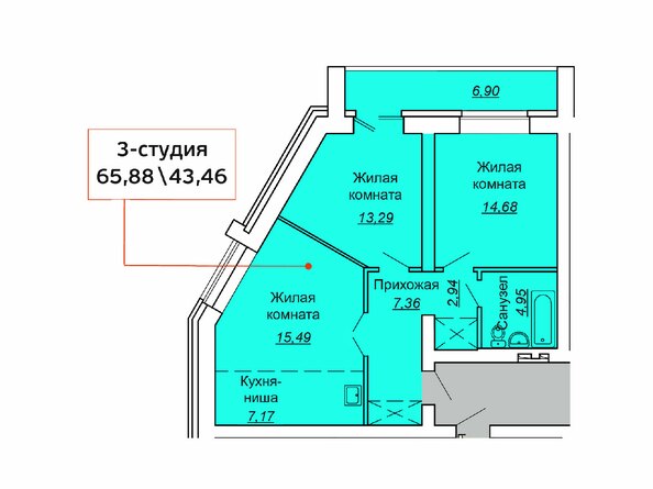 Планировка 3-комнатной квартиры 65,58 кв.м