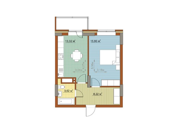 Планировка 1-комнатной квартиры 41,09 кв.м