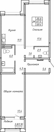 Планировка 2-комн 69,4 м²