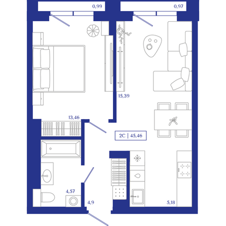 Планировка 1-комн 45,46, 45,62 м²