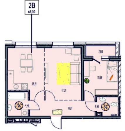 Планировка 2-комн 63,16 - 63,3 м²