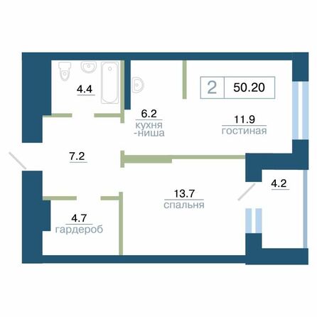 Планировка 2-комн 50,2 - 50,4 м²