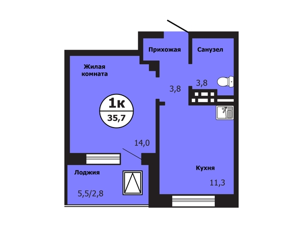 Планировка 1-комн 35,7 м²