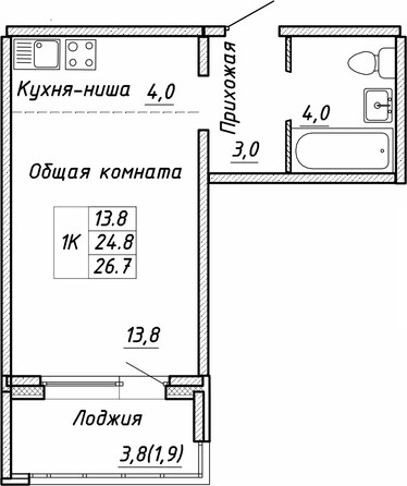 Планировка 1-комн 26,7 м²