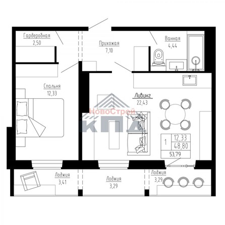 Планировка 1-комн 53,79 м²