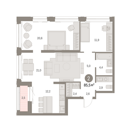 Планировка 2-комн 84,39 - 85,27 м²