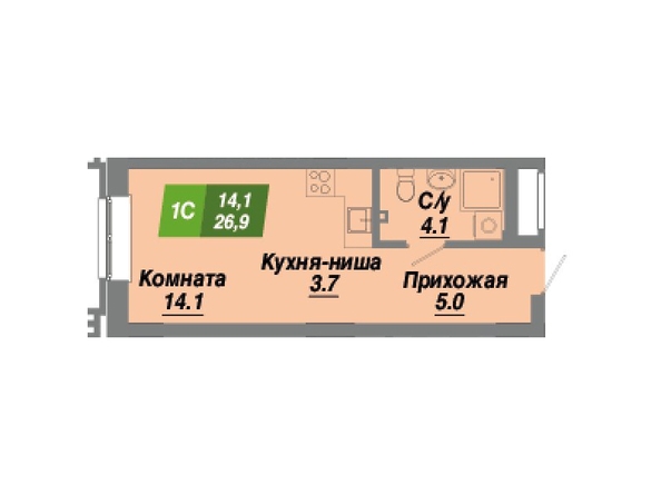 Планировка 1-комн 26,9 м²