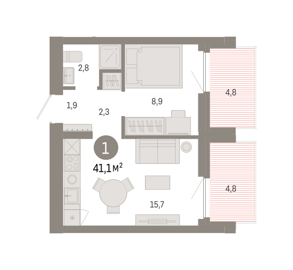 Планировка 1-комн 41,08 м²