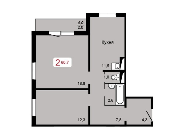 2-комнатная 60,7 кв.м