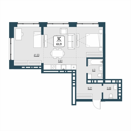 Планировка 3-комн 63,21 м²