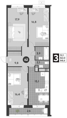 Планировка 3-комн 84,6 м²