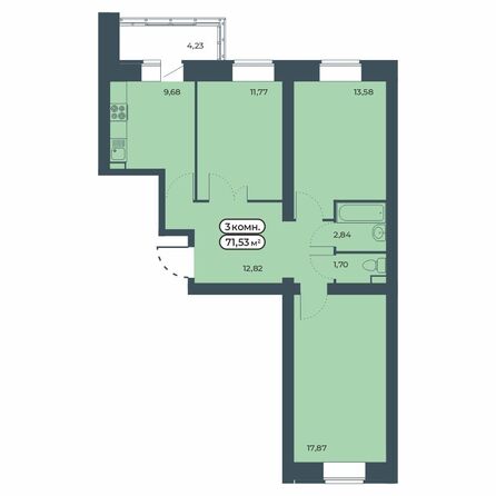Планировка 3-комн 71,53 м²