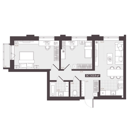 Планировка 3-комн 63,9 м²
