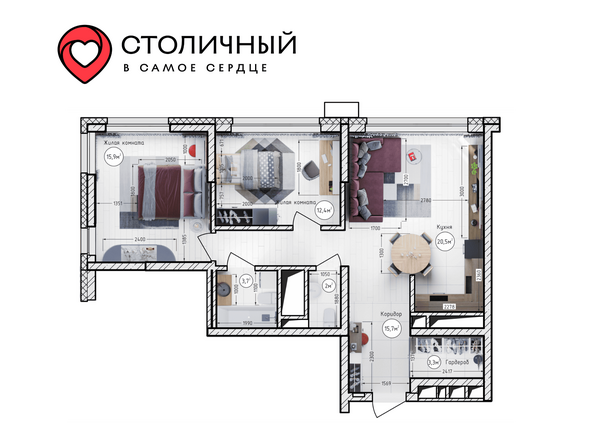 Планировка 2-комн 74,1 м²