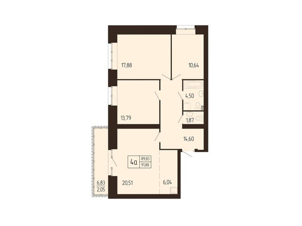 Планировка четырехкомнатной квартиры 91,88 кв.м