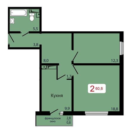 Планировка 2-комн 60,8 м²