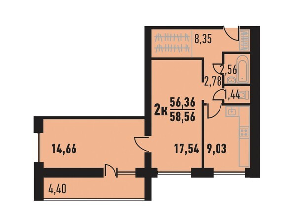 Планировка двухкомнатной квартиры 58,56 кв. м
