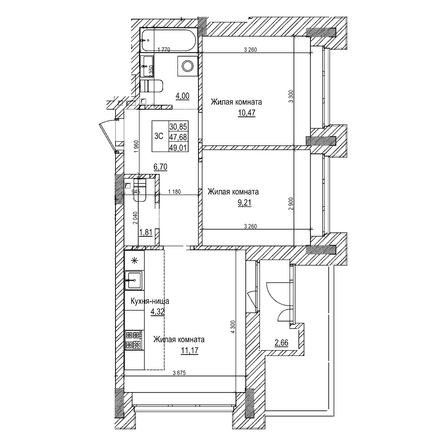 Планировка 2-комн 47,6 м²