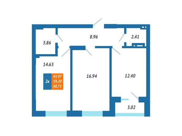 Планировка 2-комнатной квартиры 59,24 кв.м