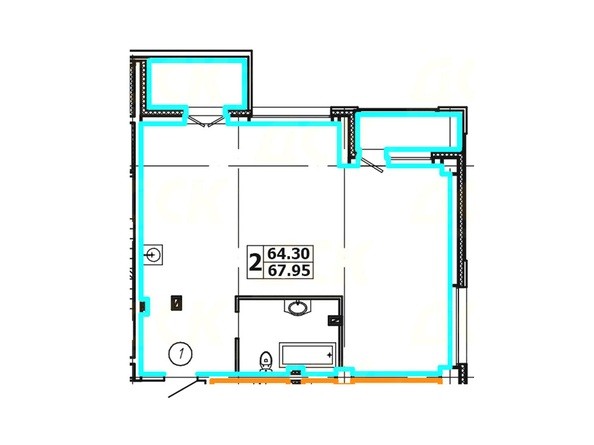 Планировка 2-комнатной квартиры 67,95 кв. м