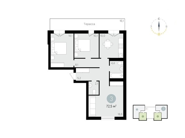 Планировка 3-комнатной квартиры 72,5 кв.м