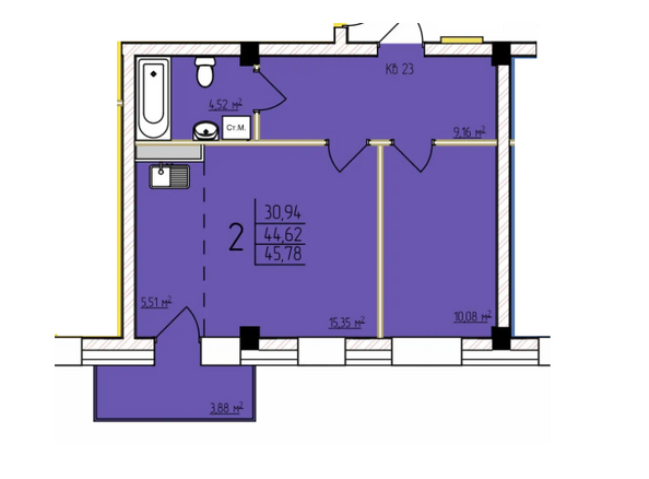 Планировка 2-комн 45,78 м²