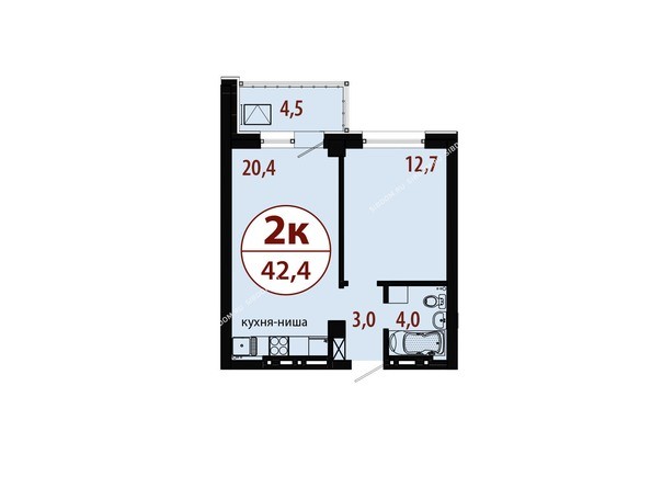 Секция 1. Планировка двухкомнатной квартиры 42,4 кв.м