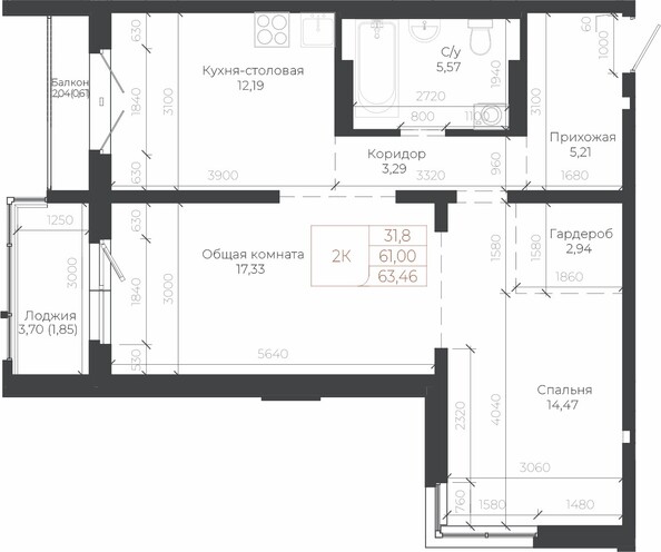 Планировка 2-комн 63,46 м²
