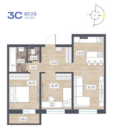 Планировка 3-комн 57,73, 58,25 м²