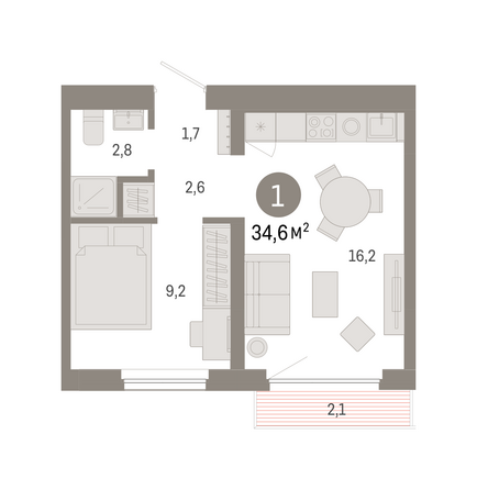 Планировка 1-комн 34,6 м²