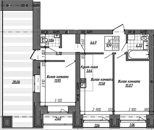 Планировка 2-комн 59,57 м²