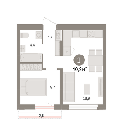 Планировка 1-комн 40,22 м²