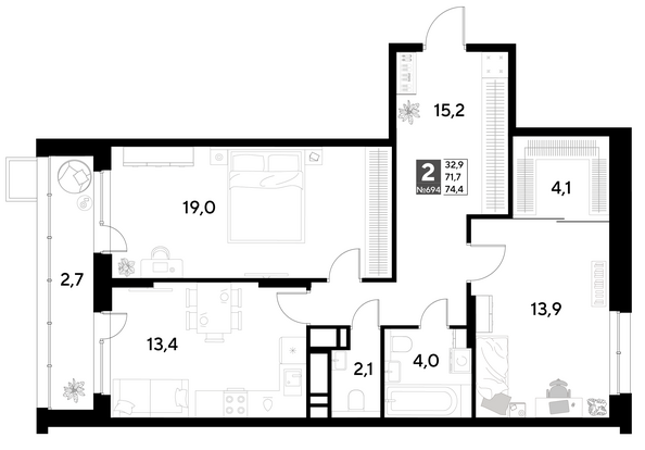 Планировка 2-комн 74,4 м²