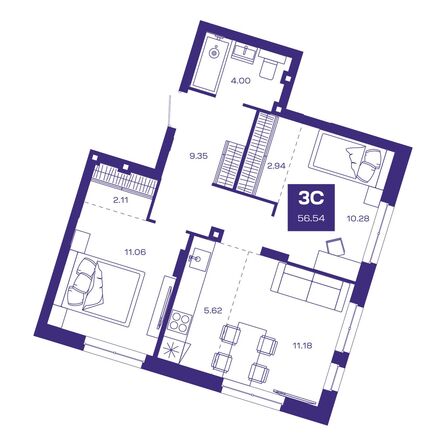 Планировка 3-комн 52,87 - 56,54 м²