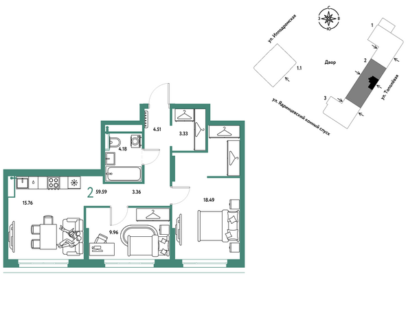 Планировка 2-комн 59,59, 61,93 м²