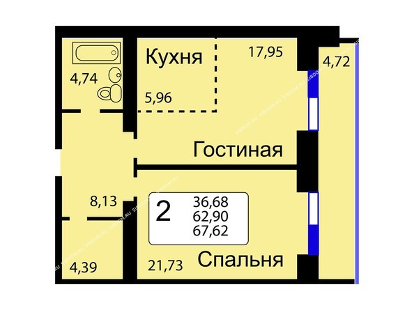 Б/С - 11. Планировка двухкомнатной квартиры 67,62 кв.м. Этажи 10-16.