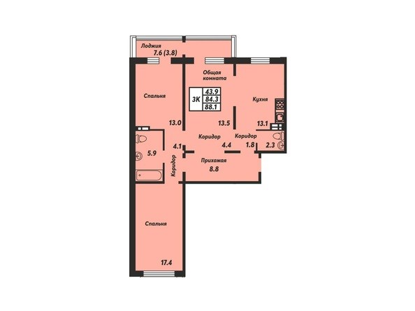 Планировка 3-комнатной квартиры 88,1 кв.м