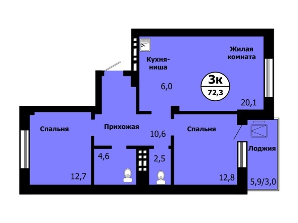 Планировка 3-комнатной студии 72,3 кв.м