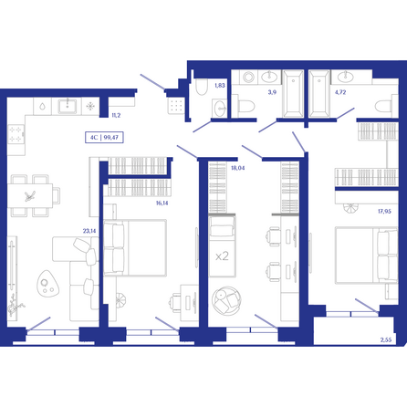 Планировка 4-комн 99,47, 100,1 м²