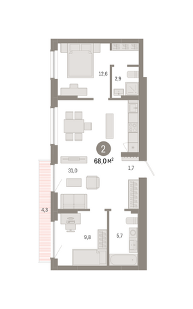 Планировка 2-комн 68 м²