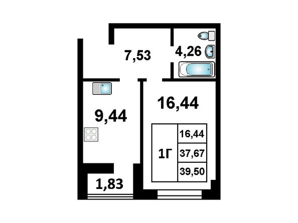1-комнатная 39,50 кв.м