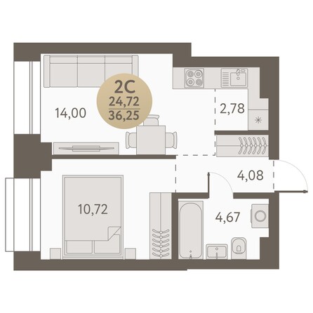 Планировка 2-комн 36,25, 37 м²