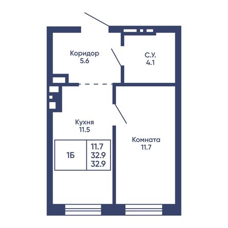Планировка 1-комн 32,9 - 33,9 м²